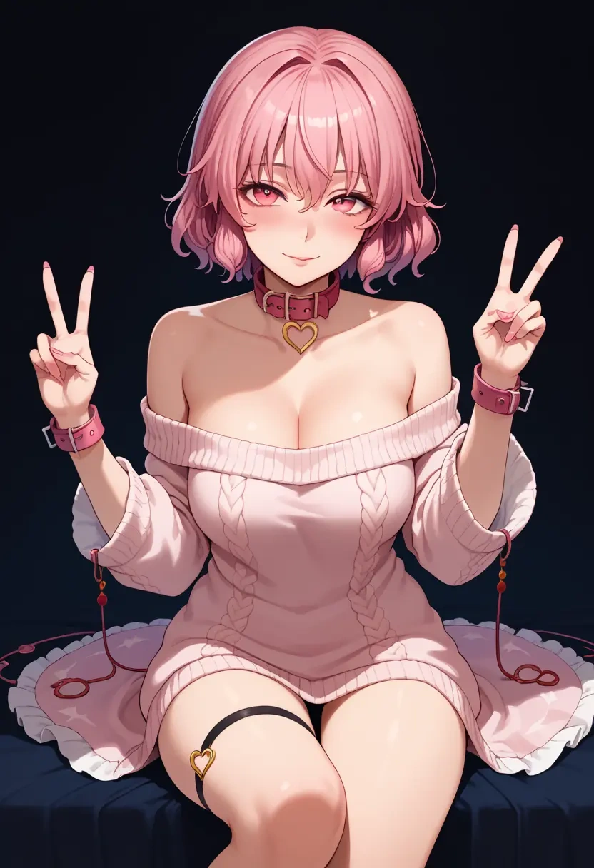 touhou,komeiji_satori,blushing,collar,peace sign,off-shoulder,sweater  - 