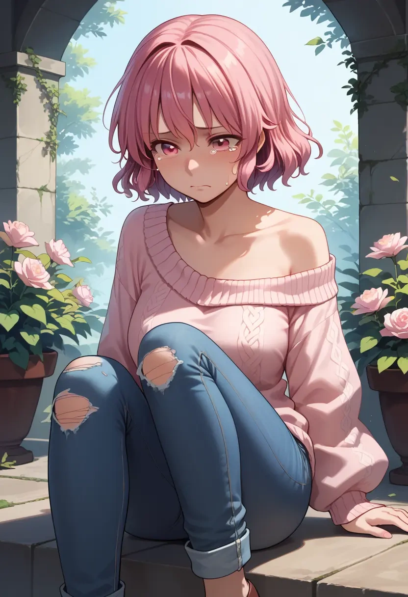 touhou,komeiji_satori,sweater,off-shoulder,ripped jeans  - 