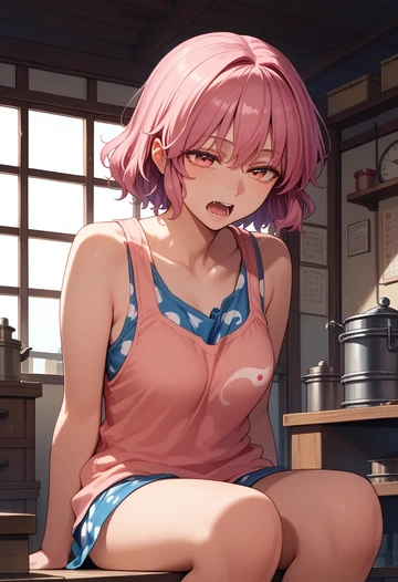 touhou,komeiji_satori,tank top,drawstring pants  - AI generated anime art