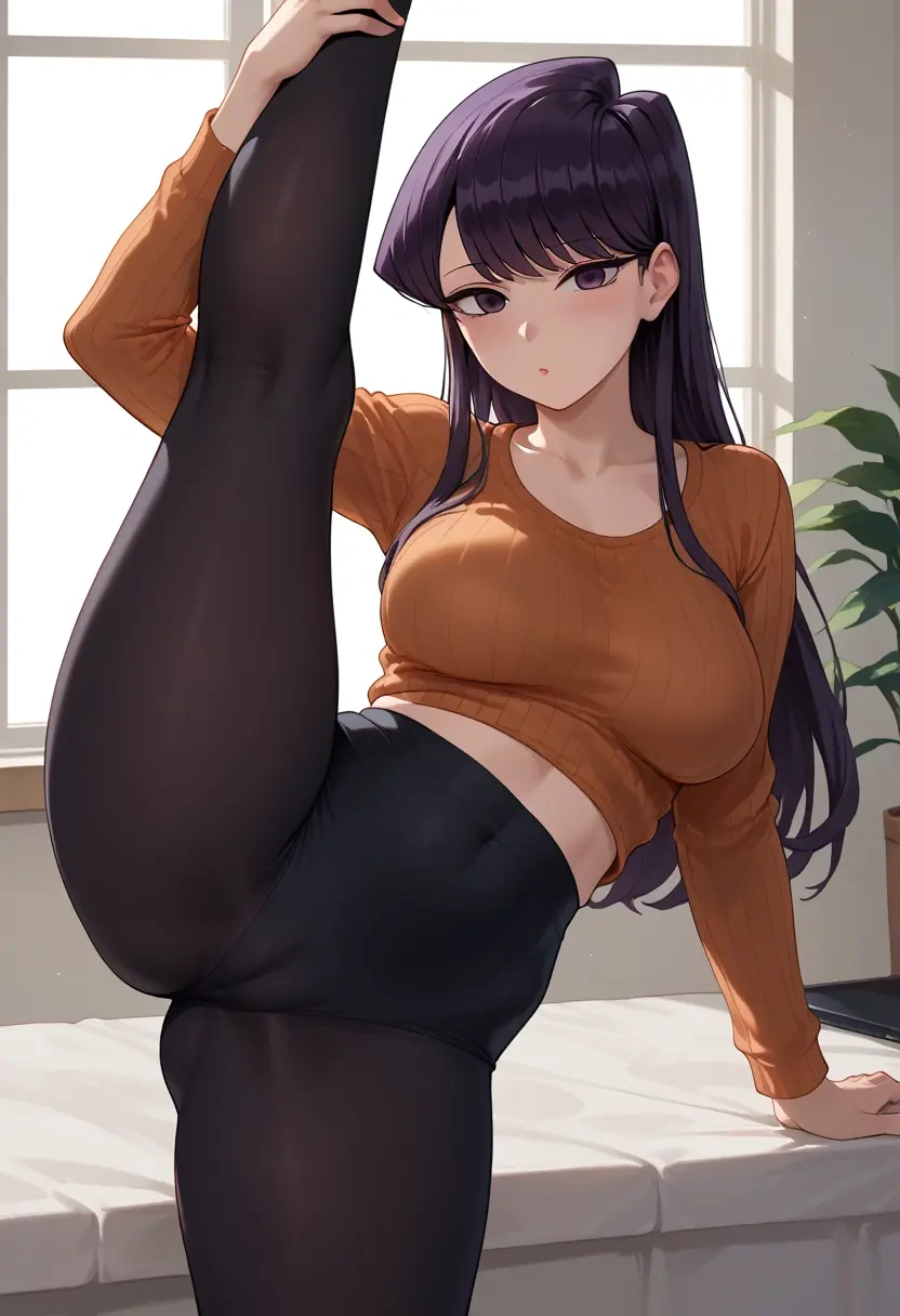 komi-san_wa_komyushou_desu,komi_shouko,yoga, leggings,spread legs,one leg up,sexy  - 