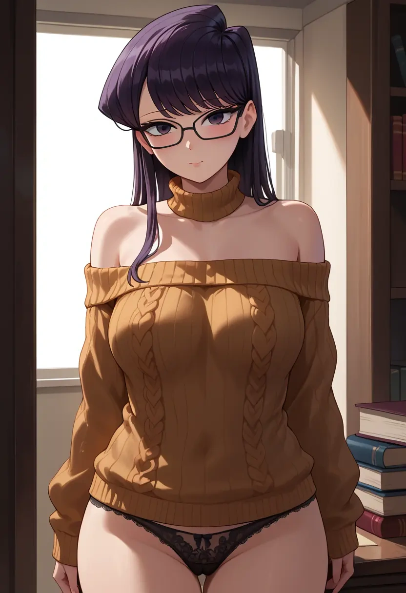 komi-san_wa_komyushou_desu,komi_shouko,off-shoulder,panties,glasses,sweater  - 