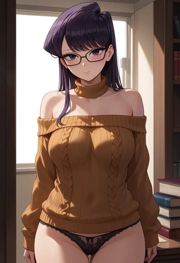 komi-san_wa_komyushou_desu,komi_shouko,off-shoulder,panties,glasses,sweater  - AI generated anime art