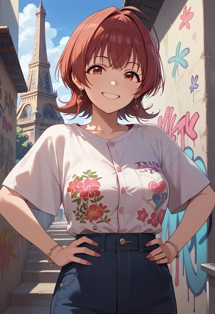 idolmaster,komiya_kaho,oversized graffiti shirt,dolphin shorts  - 