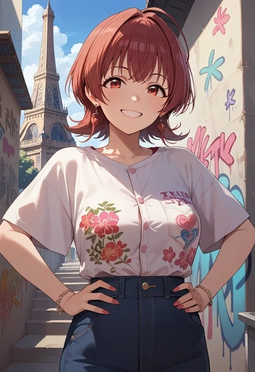 idolmaster,komiya_kaho,oversized graffiti shirt,dolphin shorts  - AI generated anime art