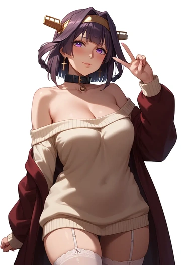 kantai_collection,kongou_kai_ni_(kancolle),blushing,collar,off-shoulder,sweater,stockings  - AI generated anime art