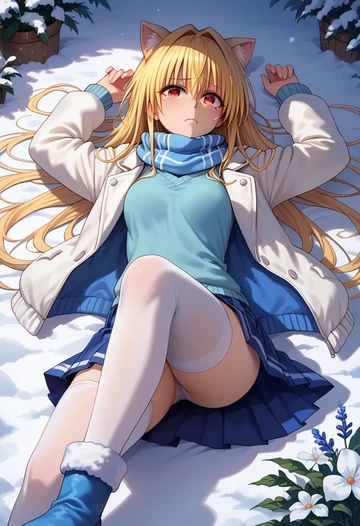 to_love-ru,konjiki_no_yami,winter,student uniform,puffer jacket  - AI generated anime art