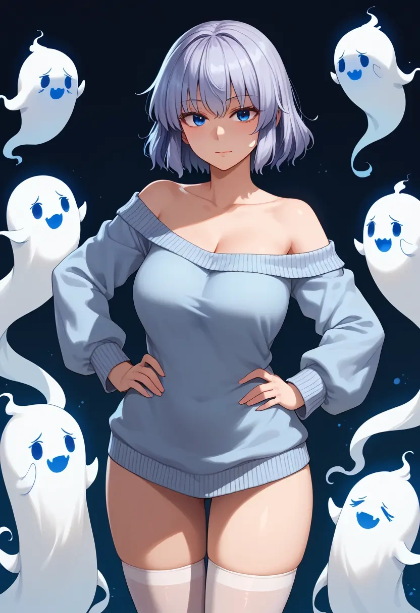 touhou,konpaku_youmu_(ghost),Hands on hips,off-shoulder,sweater,stockings  - 