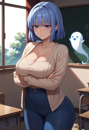 touhou,konpaku_youmu_(ghost),teacher, sweater, jeans shorts  - AI generated anime art