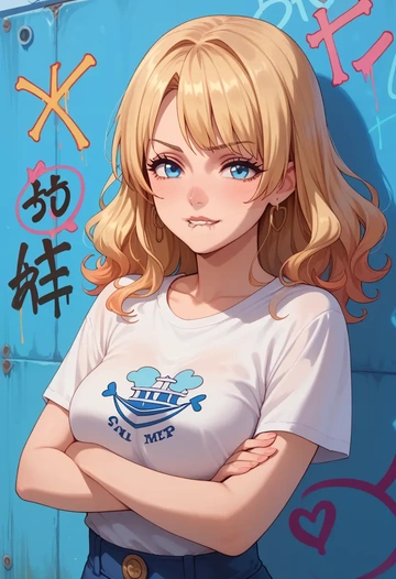 k-on!,kotobuki_tsumugi,crop graffiti tee,dolphin shorts  - AI generated anime art