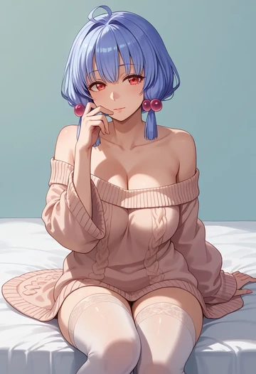 voiceroid,kotonoha_aoi,cross-legged,Head resting on hand,off-shoulder,sweater  - AI generated anime art