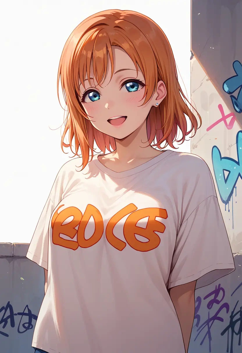 love_live!,kousaka_honoka,oversized graffiti shirt,dolphin shorts  - 