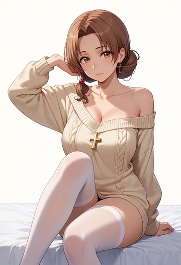 to_heart_(series),kousaka_tamaki,cross-legged,off-shoulder,sweater,stockings  - AI generated anime art