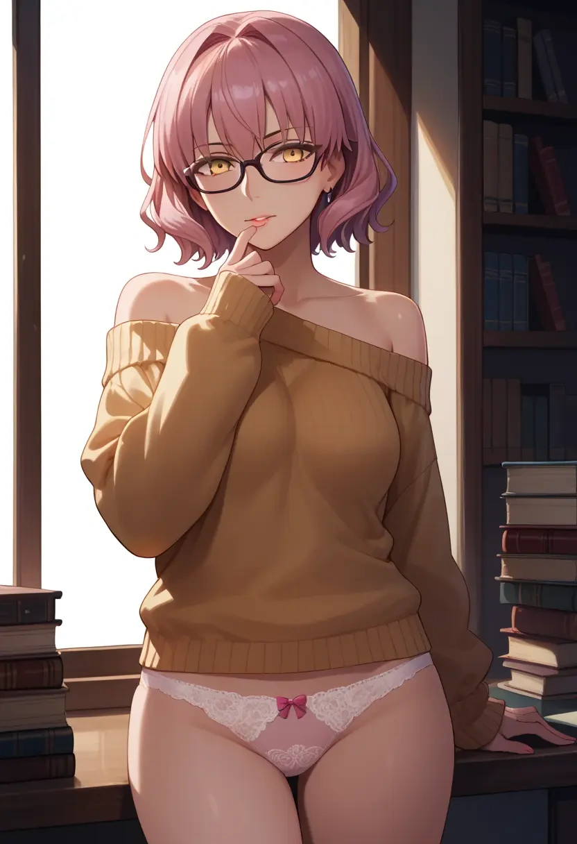 fate_(series),koyanskaya_(fate),off-shoulder,panties,glasses,sweater  - 