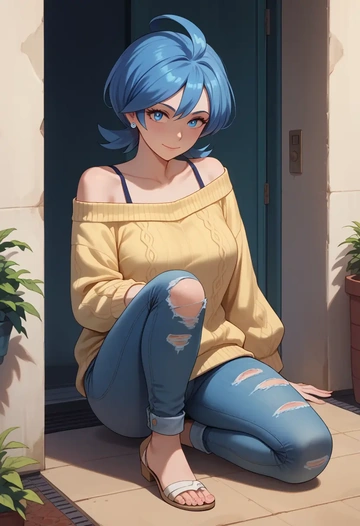 pokemon,kris_(pokemon),sweater,off-shoulder,ripped jeans  - AI generated anime art