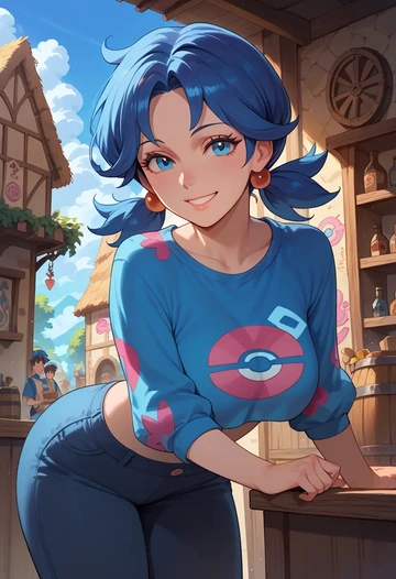 pokemon,kris_(pokemon),cropped graffiti sweatshirt,dolphin shorts  - AI generated anime art