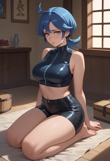 pokemon,kris_(pokemon),leather,shorts,crop top  - AI generated anime art