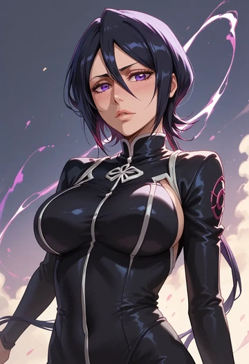 bleach,kuchiki_rukia,black widow bodysuit,spiderweb cape,leather gloves  - AI generated anime art