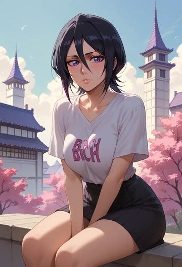 bleach,kuchiki_rukia,handwritten script shirt,dolphin shorts  - AI generated anime art