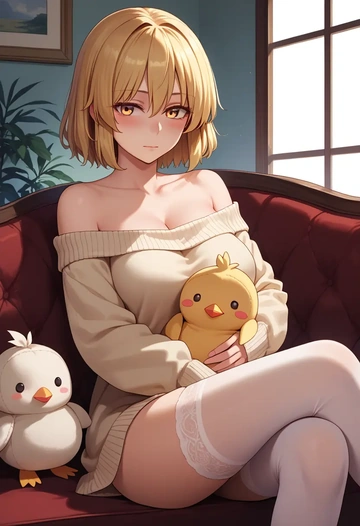 touhou,kudamaki_tsukasa,blushing,off-shoulder,sweater,stockings  - AI generated anime art