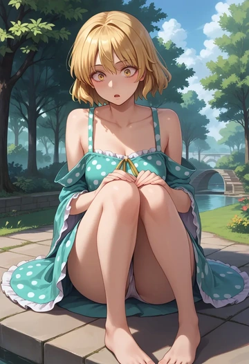 touhou,kudamaki_tsukasa,silk slip dress,polka dots  - AI generated anime art