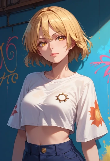 touhou,kudamaki_tsukasa,cropped graffiti sweatshirt,dolphin shorts  - AI generated anime art