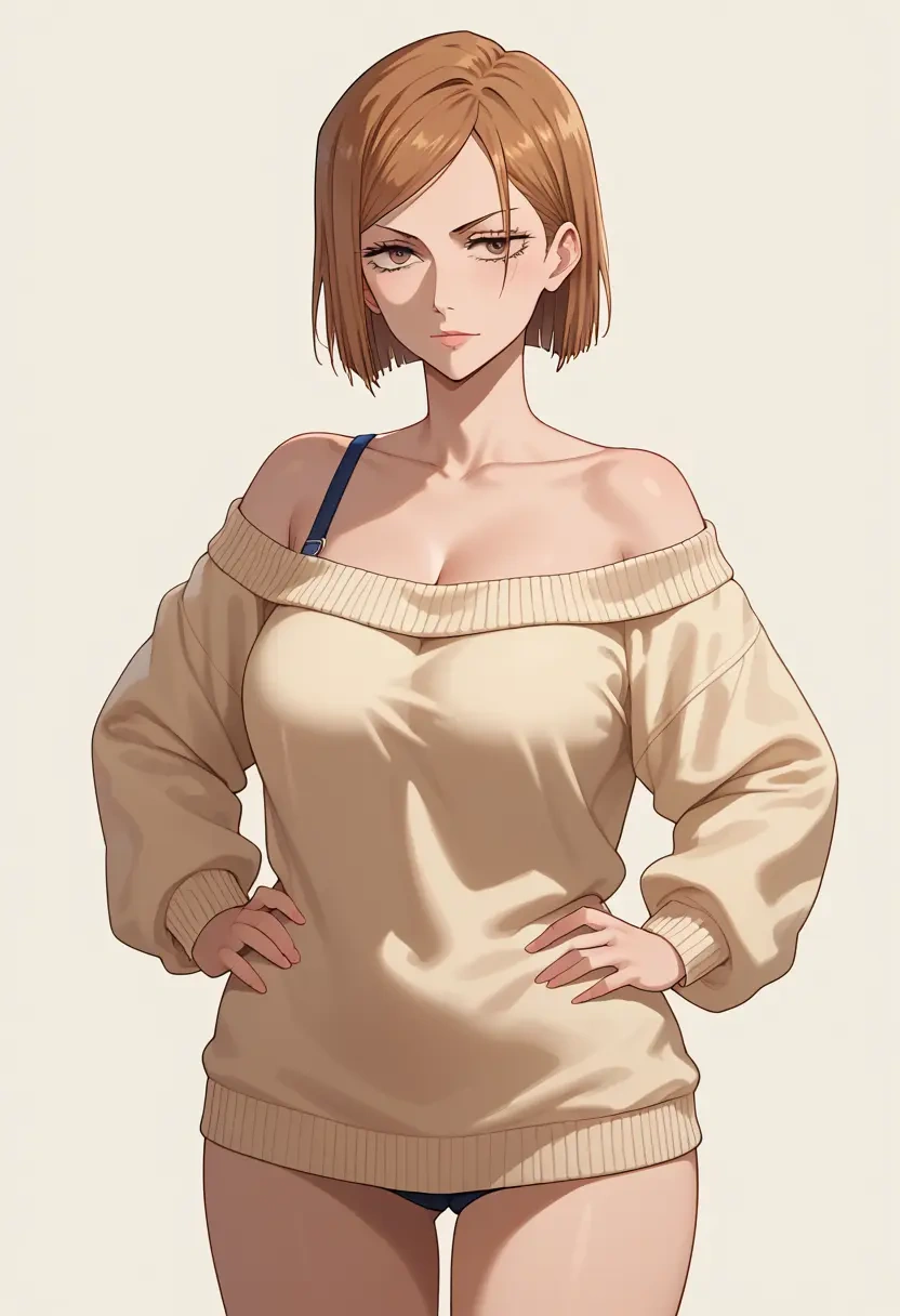 jujutsu_kaisen,kugisaki_nobara,Hands on hips,off-shoulder,sweater  - 