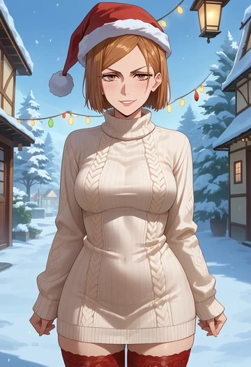 jujutsu_kaisen,kugisaki_nobara,Christmas,sweater dress,stockings  - AI generated anime art