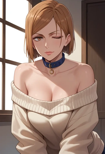 jujutsu_kaisen,kugisaki_nobara,sweater,off-shoulder,collar  - AI generated anime art