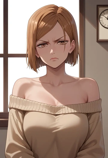 jujutsu_kaisen,kugisaki_nobara,sweater,off-shoulder,collar  - AI generated anime art