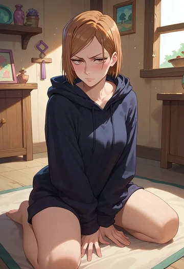 jujutsu_kaisen,kugisaki_nobara,oversized graphic hoodie,thigh-high socks,shorts  - AI generated anime art