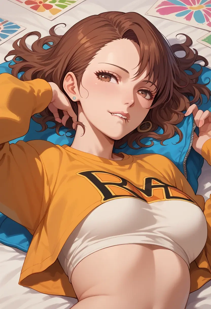 persona,kujikawa_rise,cropped graffiti sweatshirt,dolphin shorts  - 