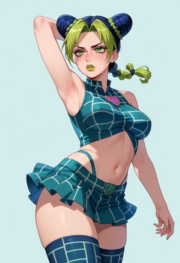 jojo_no_kimyou_na_bouken,kujo_jolyne,mini skirt,stockings  - AI generated anime art