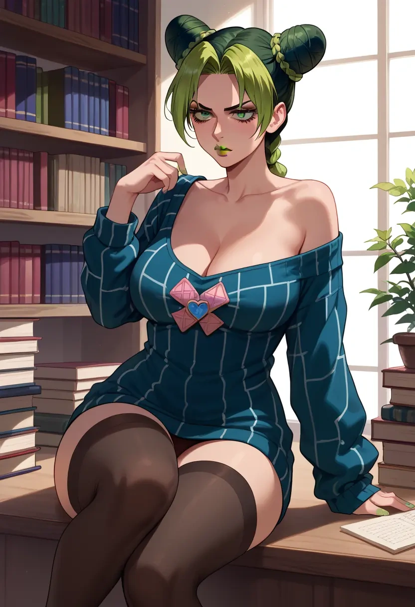 jojo_no_kimyou_na_bouken,kujo_jolyne,Pouting,off-shoulder,sweater,stockings  - 