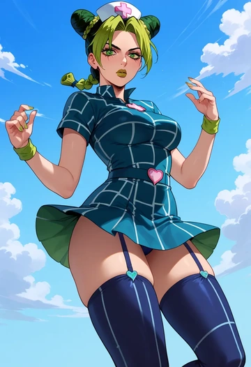 jojo_no_kimyou_na_bouken,kujo_jolyne,nurse pantyhose,mini skirt, sexy  - AI generated anime art