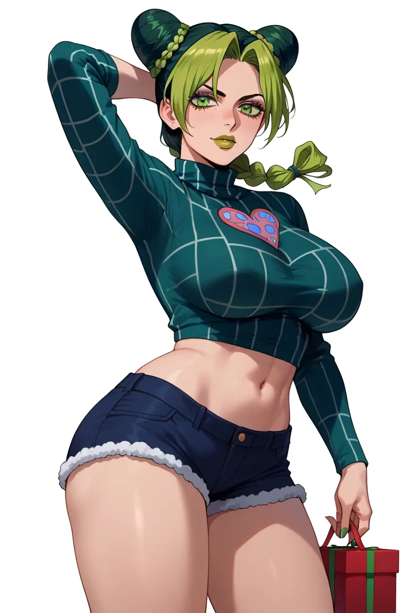 jojo_no_kimyou_na_bouken,kujo_jolyne,Christmas,red velvet shorts,turtleneck sweater  - 