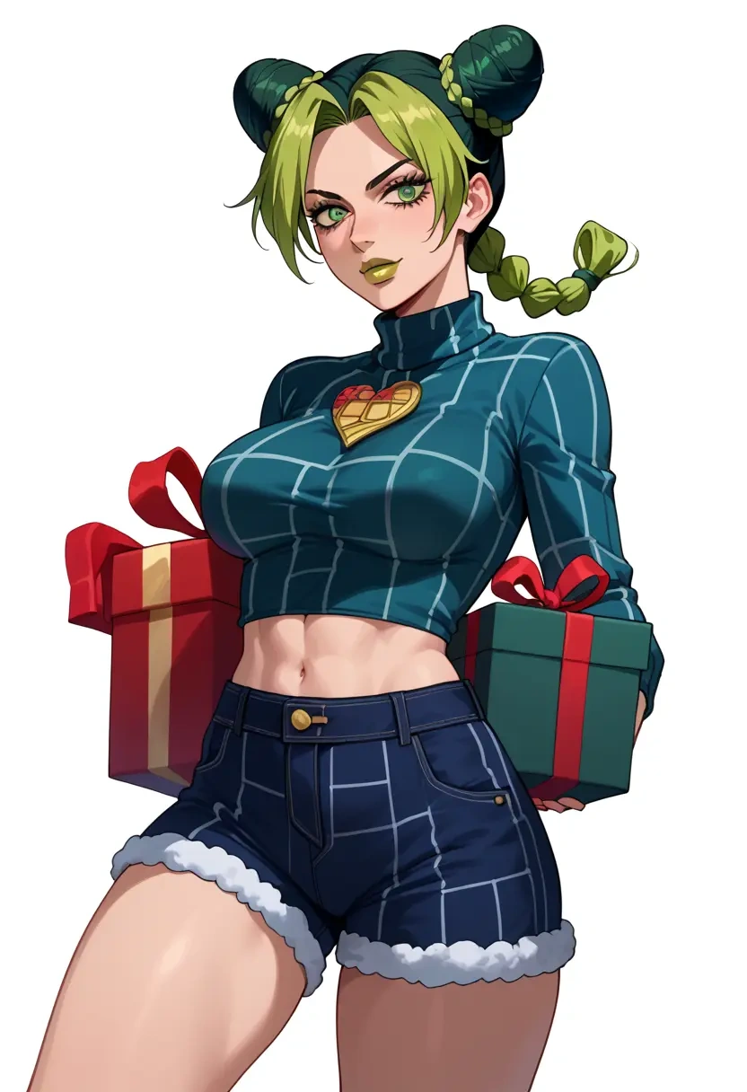 jojo_no_kimyou_na_bouken,kujo_jolyne,Christmas,red velvet shorts,turtleneck sweater  - 