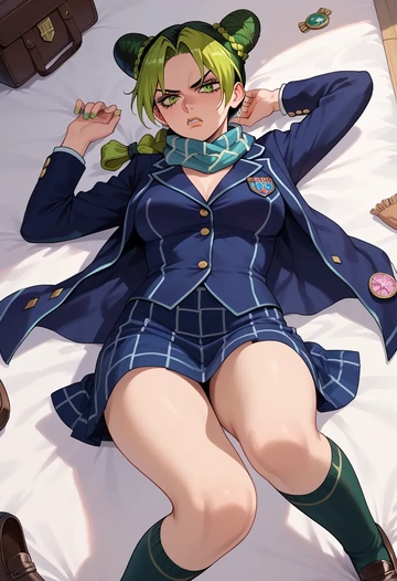 jojo_no_kimyou_na_bouken,kujo_jolyne,winter,student uniform,plaid skirt  - AI generated anime art