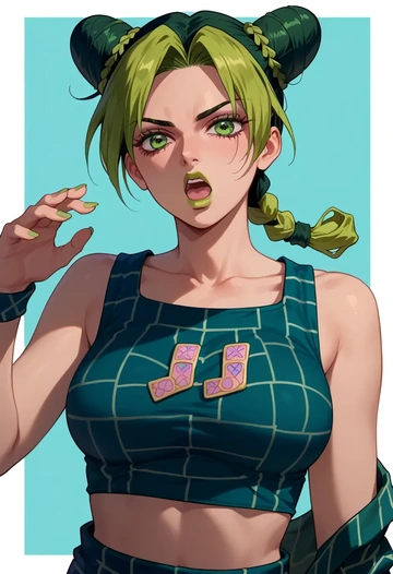 jojo_no_kimyou_na_bouken,kujo_jolyne,crop top,loose joggers,headset  - AI generated anime art