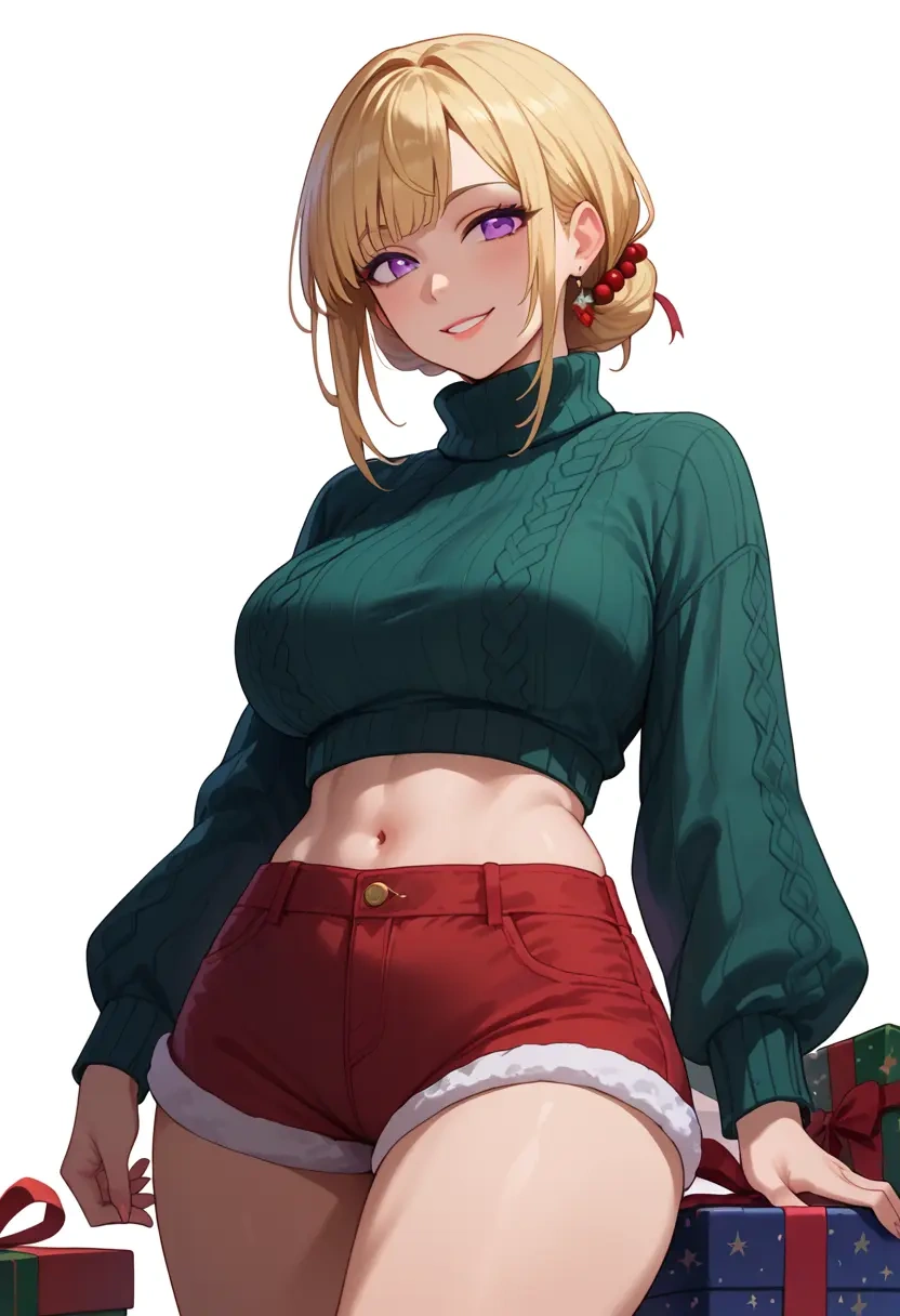 kin-iro_mosaic,kujou_karen,Christmas,red velvet shorts,turtleneck sweater  - 