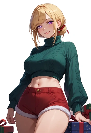 kin-iro_mosaic,kujou_karen,Christmas,red velvet shorts,turtleneck sweater  - AI generated anime art