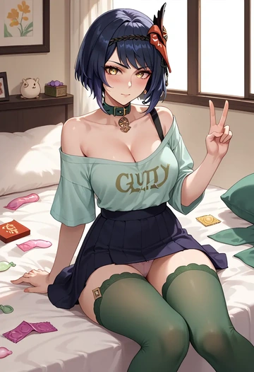 genshin_impact,kujou_sara,blushing,collar, peace sign, condom,mini skirt,Thigh garters  - AI generated anime art