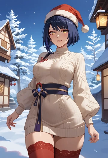 genshin_impact,kujou_sara,Christmas,sweater dress,stockings  - AI generated anime art