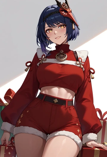 genshin_impact,kujou_sara,Christmas,red velvet shorts,turtleneck sweater  - AI generated anime art