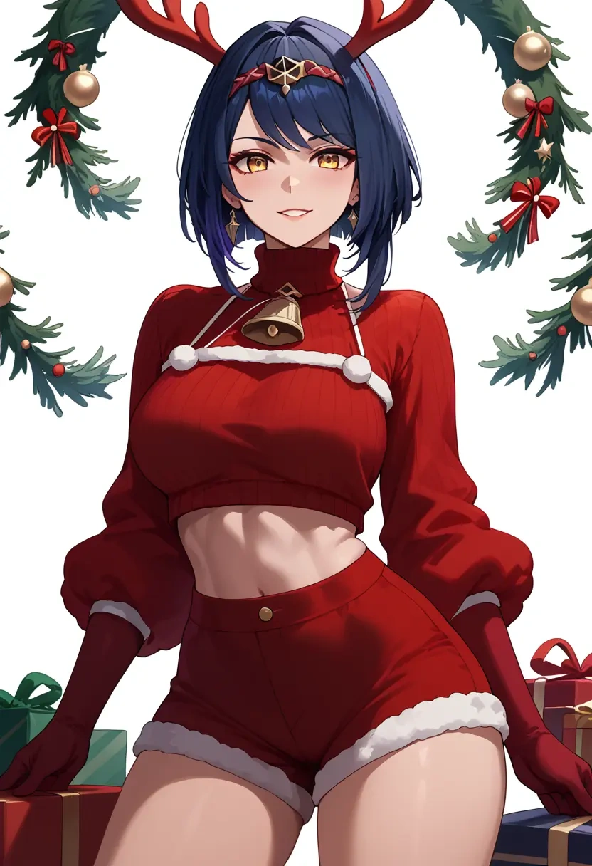 genshin_impact,kujou_sara,Christmas,red velvet shorts,turtleneck sweater  - 