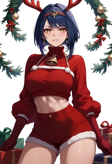 genshin_impact,kujou_sara,Christmas,red velvet shorts,turtleneck sweater  - AI generated anime art