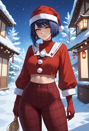 genshin_impact,kujou_sara,Christmas,plaid trousers  - AI generated anime art