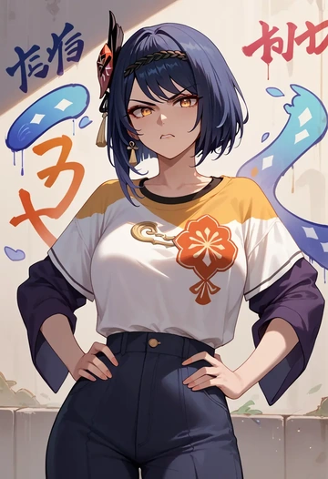 genshin_impact,kujou_sara,oversized graffiti shirt,dolphin shorts  - AI generated anime art