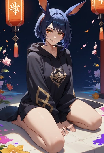 genshin_impact,kujou_sara,oversized graphic hoodie,thigh-high socks,shorts  - AI generated anime art