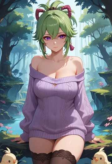 genshin_impact,kuki_shinobu,off-shoulder,sweater  - AI generated anime art