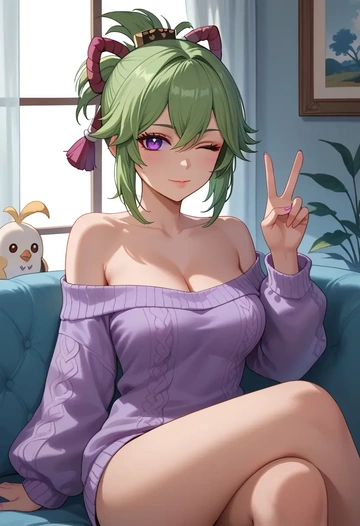 genshin_impact,kuki_shinobu,off-shoulder,sweater  - AI generated anime art